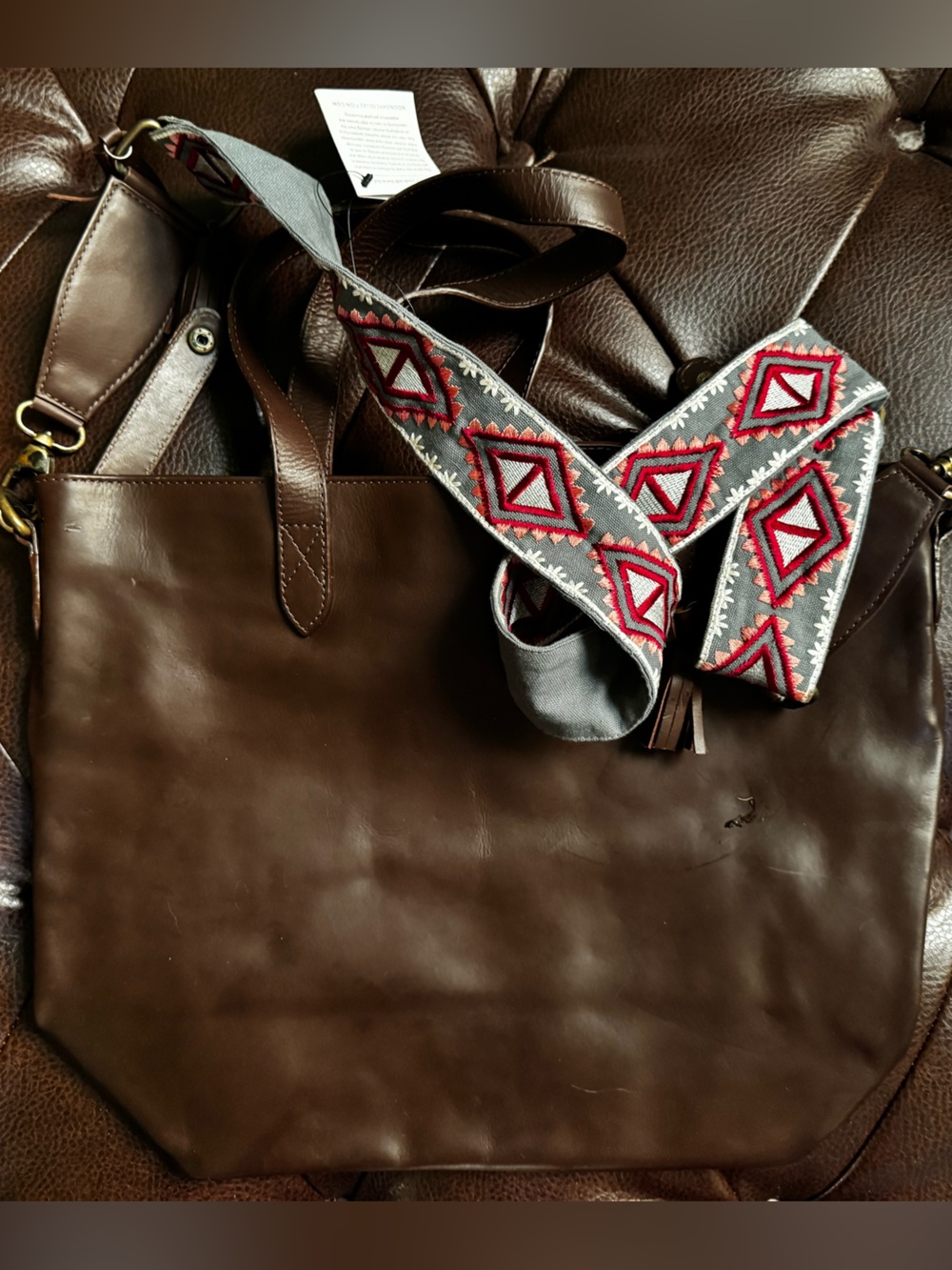 Women’s Brown Leather Tote with Decorative Woven Strap